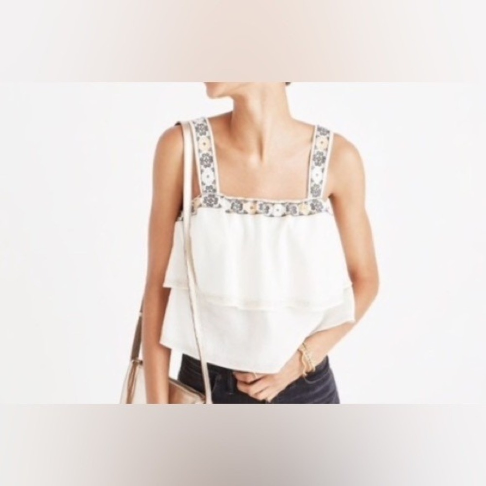 Madewell White Tiered Camisole with Embroidered Straps